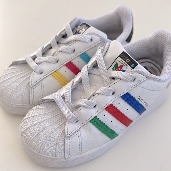 Adidas Kids White Rainbow Stripe Superstar Sneakers - Picture 5 of 10